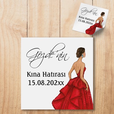 Kare Etiket 093 - Kırmızı Elbiseli Kına Kızı Temalı Etiket