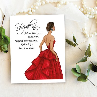 Takı Kartı 014 - Kırmızı Elbiseli Kına Kızı Kına Gecesi Hatırası Toka, İnci Küpe Kartı